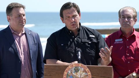 Florida Gov. Ron DeSantis gives a news conference after getting updates on Hurricane Ian recovery efforts in Volusia County.