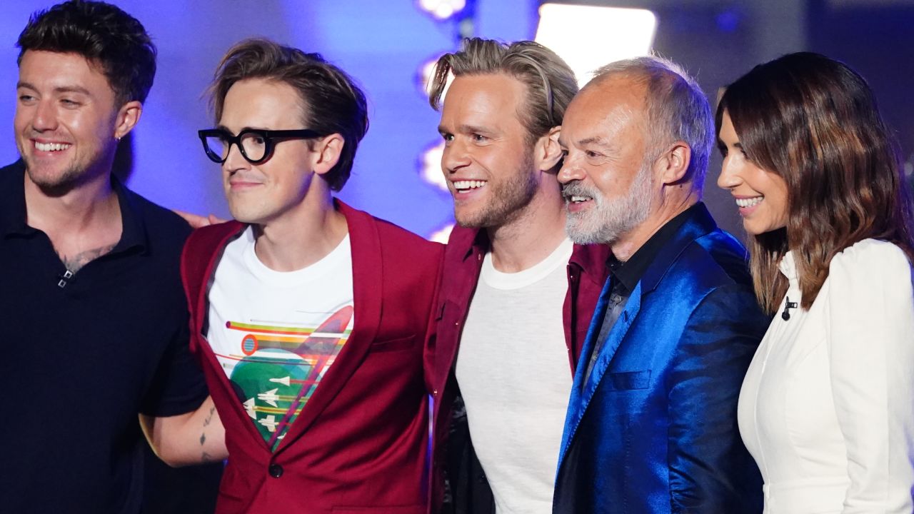 Graham Norton, Olly Murs,  Alex Jones, Roman Kemp and Tom Fletcher, outside the BBC in central London after Norton announced Liverpool as the hosts of the Eurovision Song Contest next year on Friday.