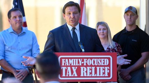 Florida Gov. Ron DeSantis takes questions from reporters about flights of migrants from Florida to Martha's Vineyard at a press conference in Bradenton, Florida.