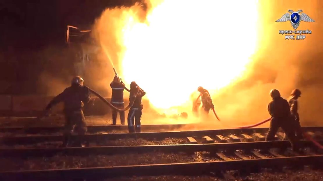 A cargo train in Ilovaisk in the Russian-occupied Donetsk region was hit by a "powerful explosion" Saturday morning.