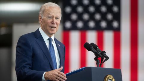 President Joe Biden speaks at a manufacturing facility in Hagerstown, Maryland, on October 7, 2022.