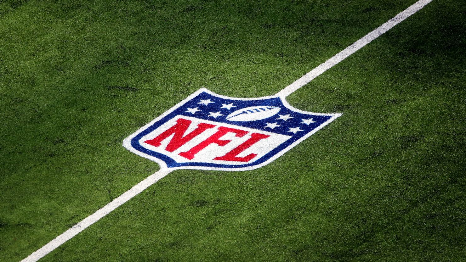 A general view of the NFL logo on the field is seen before the game between the Arizona Cardinals and the Los Angeles Rams at SoFi Stadium on October 03, 2021 in Inglewood, California.
