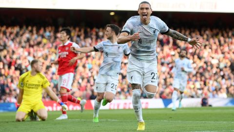 Nunez celebrates after scoring his team's first goal. 