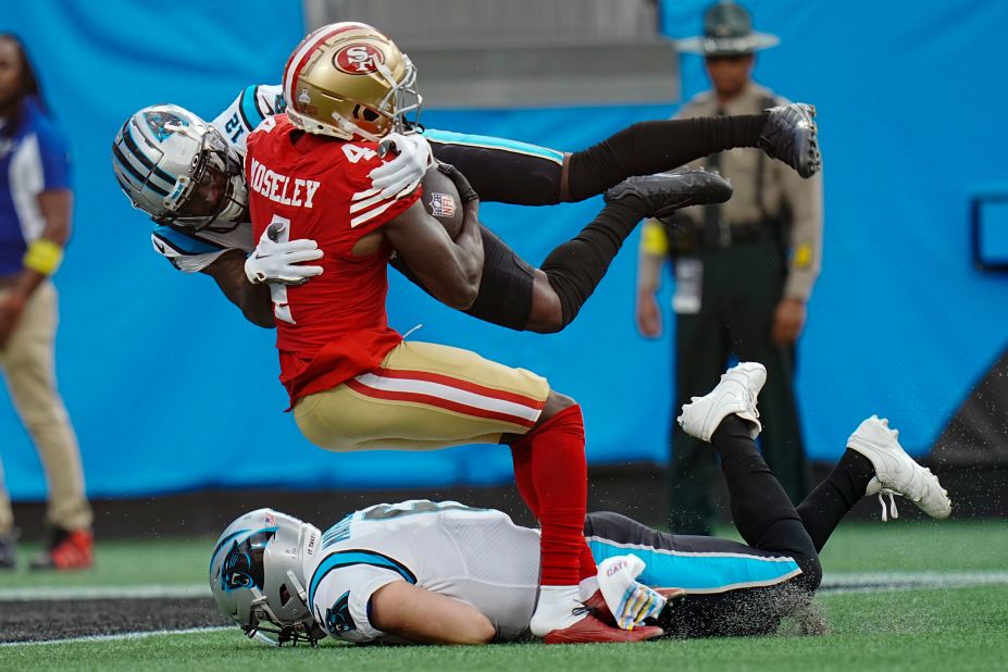 San Francisco 49ers cornerback Emmanuel Moseley scores a touchdown after having intercepted Carolina Panthers quarterback Baker Mayfield. The 49ers emphatically beat the Panthers 37-15. 