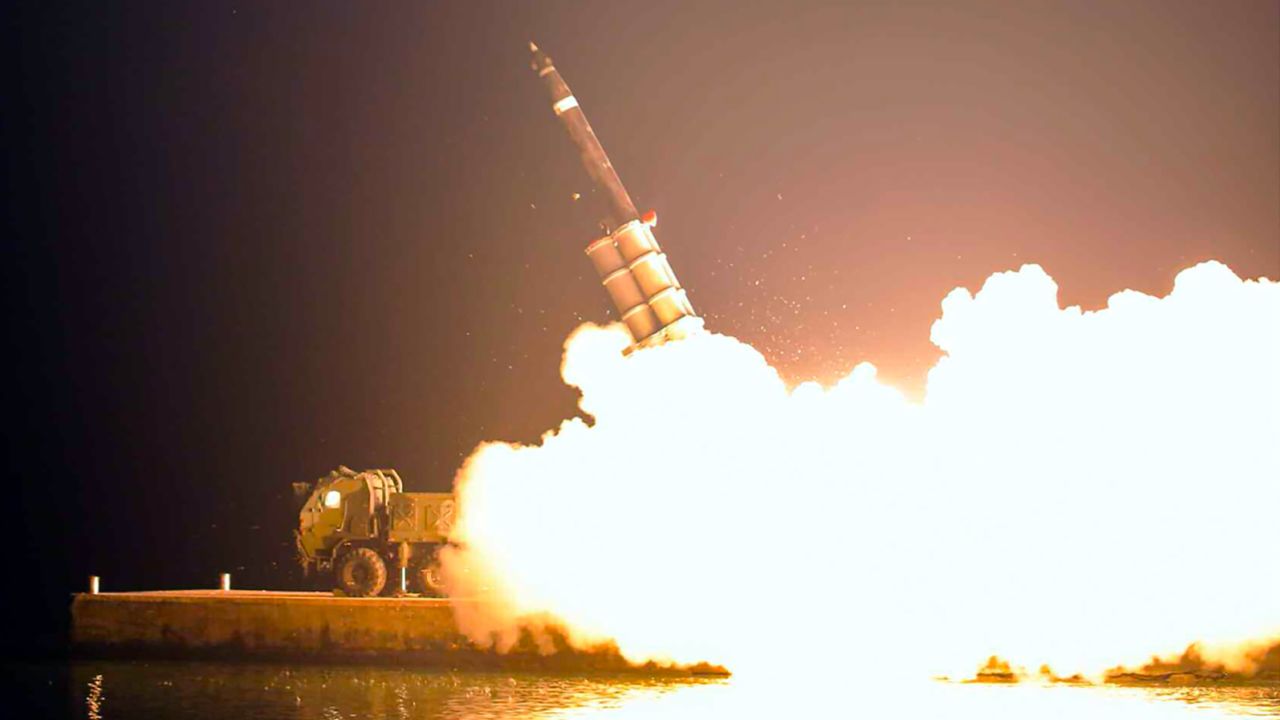 A North Korean missile launch is seen in a photo released by state media on Monday.