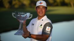 LAS VEGAS, NEVADA - OCTOBER 09: Tom Kim of South Korea poses with the trophy after winning the Shriners Children's Open at TPC Summerlin on October 09, 2022 in Las Vegas, Nevada. (Photo by Orlando Ramirez/Getty Images)