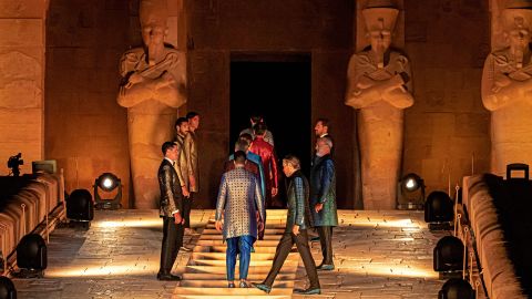 Models present creations by Italy's iconic fashion house Stefano Ricci at the temple of the ancient Egyptian Pharaoh Hatshepsut on the west bank of the Nile river, off Egypt's southern city of Luxor, on October 9.  