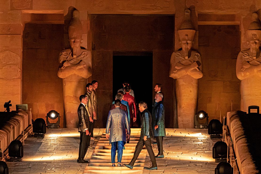 Models present creations by Italy's iconic fashion house Stefano Ricci at the temple of the ancient Egyptian Pharaoh Hatshepsut on the west bank of the Nile river, off Egypt's southern city of Luxor, on October 9.  