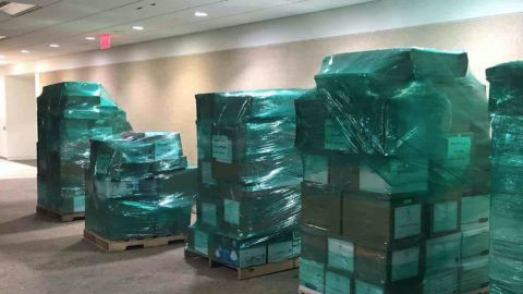 Pallets of boxed items stacked in a Crystal City, Va.  office waiting to be moved to Florida to form President Donald Trump.