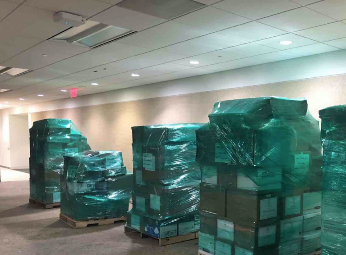 Pallets of boxed items stacked in a Crystal City, Va. office waiting to be moved to Florida for former President Donald Trump.