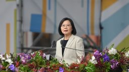 Taiwan's President Tsai Ing-wen speaks at a ceremony to mark the island's National Day in front of the Presidential Office in Taipei on October 10, 2022. 