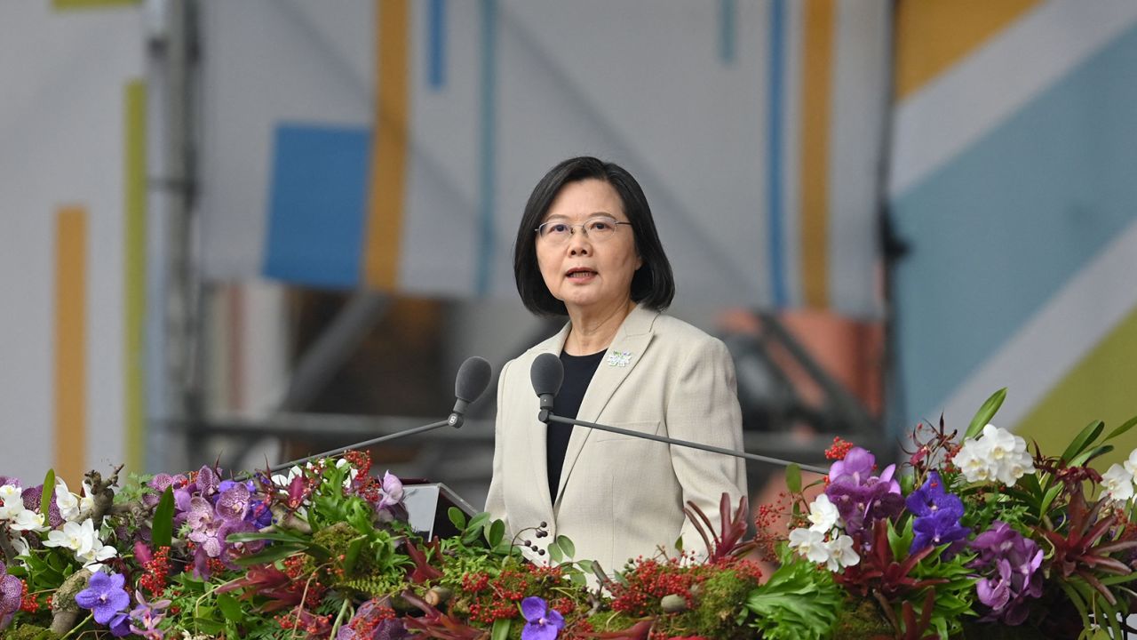 Taiwan's President Tsai Ing-wen speaks at a ceremony to mark the island's National Day in front of the Presidential Office in Taipei on October 10, 2022. 