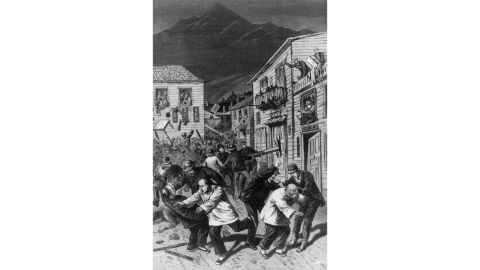 An illustration depicting an anti-Chinese riot in Denver, Colorado, in 1880. 