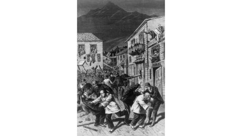 An illustration depicting an anti-Chinese riot in Denver, Colorado, in 1880.