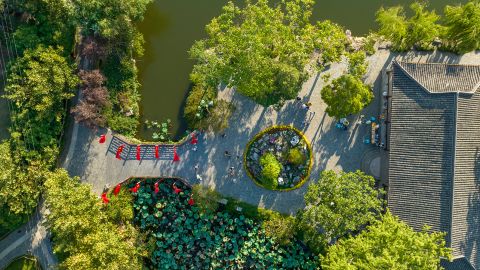 An aerial photograph taken on October 3, 2022 shows tourists touring a historical and cultural site in Rugao city, Jiangsu province, China.