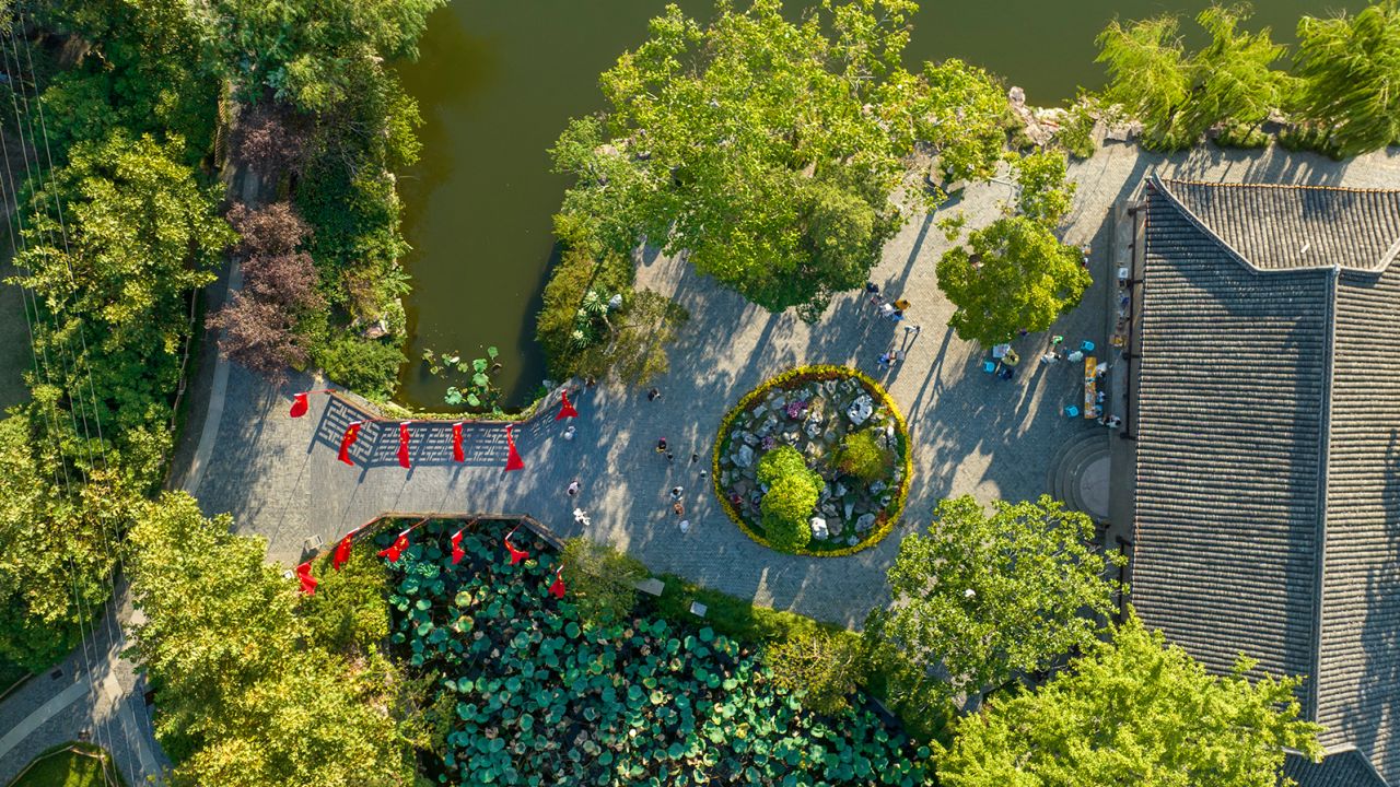An aerial photo taken on Oct 3, 2022 shows tourists sightseeing in a historic and cultural district in Rugao city, Jiangsu province, China.