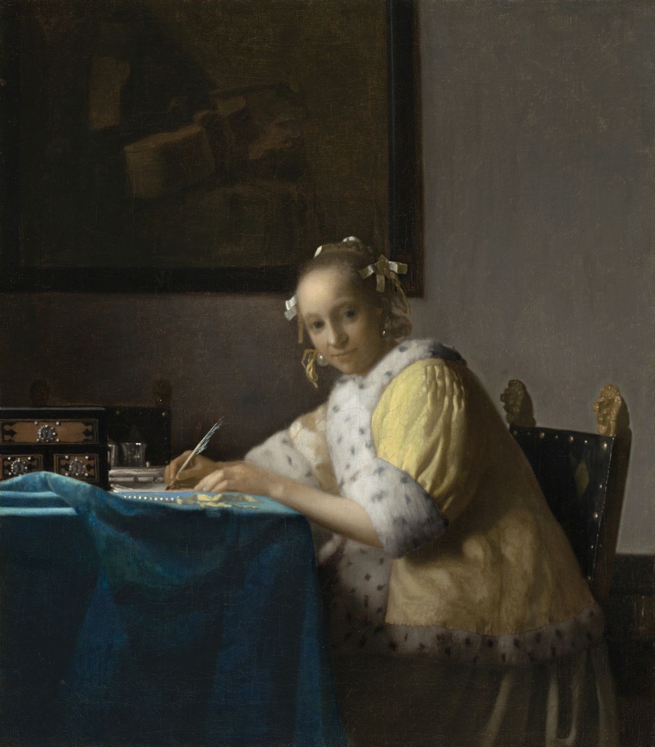 "A Lady Writing" underwent several adjustments, according to the exhibition's research.