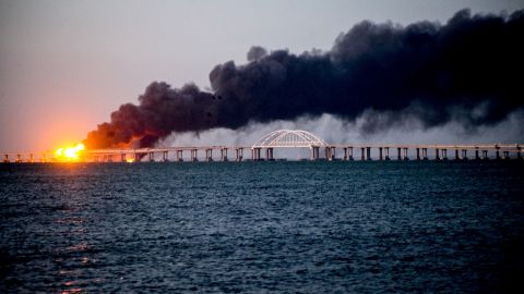 A fire broke out after the huge blast on Saturday at the Kerch bridge. The crossing links the Crimea peninsula to the Russian mainland.