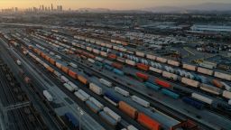 An aerial view of shipping containers and freight railway trains ahead of a possible strike if there is no deal with the rail worker unions, at the Union Pacific Los Angeles (UPLA) Intermodal Facility rail yard in Commerce, California, U.S., September 15, 2022. 