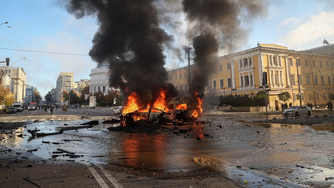 Cars burn after a <a href="https://edition.cnn.com/2022/10/11/politics/putin-rage-against-civilians-analysis/index.html" target="_blank">Russian military strike</a> in central Kyiv, Ukraine, on October 10. At least 19 people were killed and more than 100 injured in Russian missile strikes on Kyiv and other Ukrainian cities on Monday as Moscow targeted critical energy infrastructure.