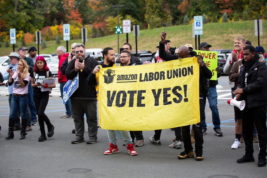 Amazon Labor Union members rallied at the ALB1 Warehouse in Schodack, New York on October 10, 2022 ahead of their labor union election.