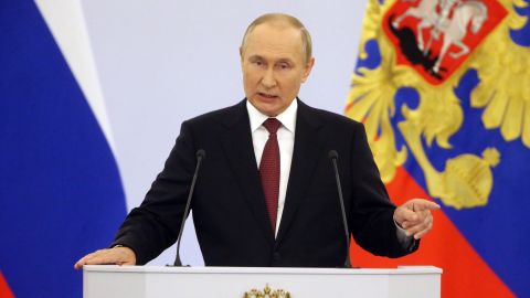 Russian President Vladimir Putin speaks during the signing ceremony with separatist leaders in Moscow on September 30
