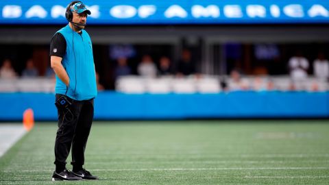 Rhule looks on during the second half of the Panthers' game against the Arizona Cardinals.