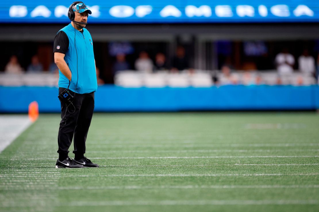 Rhule looks on during the second half of the Panthers' game against the Arizona Cardinals.