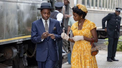 Jalyn Hall as Emmett Till and Danielle Deadwyler as Mamie Till Mobley in 