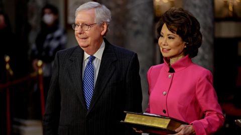 Then-Senate Majority Leader Mitch McConnell waits to be sworn-in with his wife Elaine Chao, then-Secretary of Transportation, at the US Capitol on January 3, 2021.