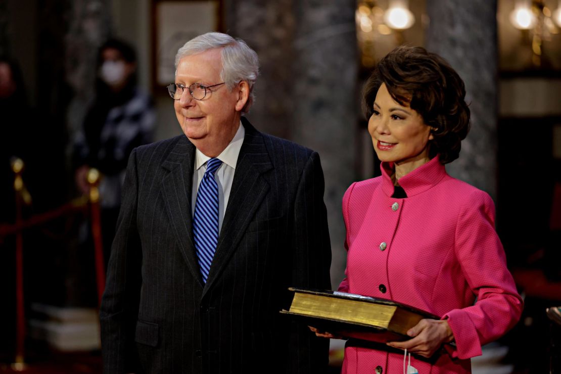 Then-Senate Majority Leader Mitch McConnell waits to be sworn-in with his wife Elaine Chao, then-Secretary of Transportation, at the US Capitol on January 3, 2021.