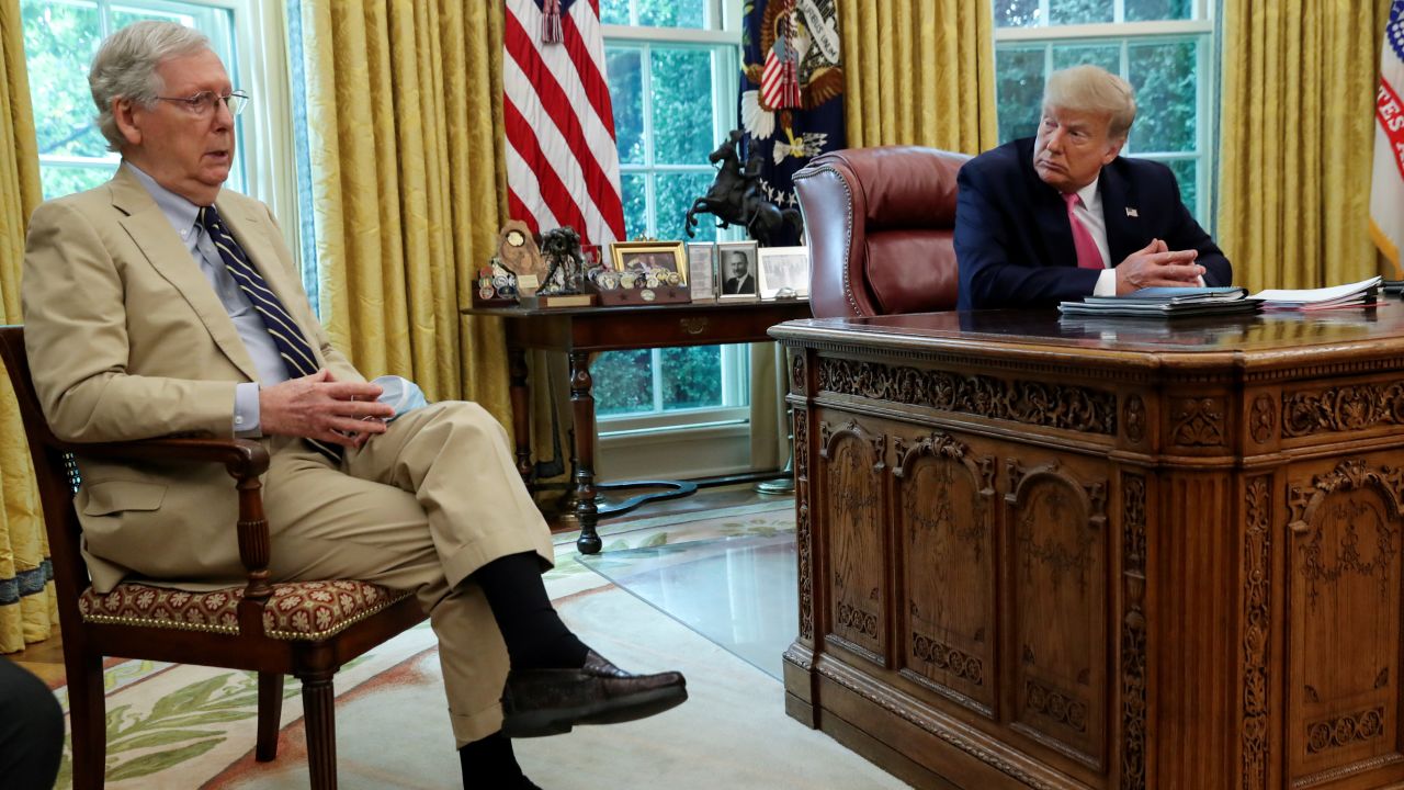 Then-President Donald Trump listens to then-Senate Majority Leader Mitch McConnell speak about legislation for additional coronavirus aid in the Oval Office at the White House in July 20.