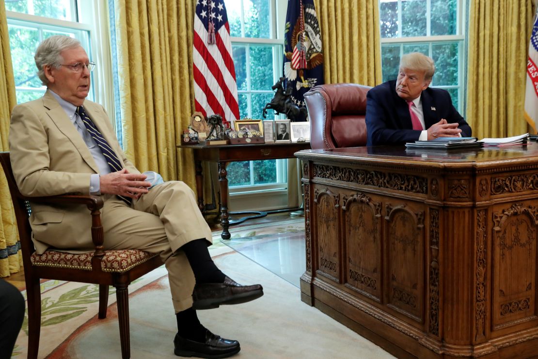 Then-President Donald Trump listens to then-Senate Majority Leader Mitch McConnell speak about legislation for additional coronavirus aid in the Oval Office at the White House in July 20.