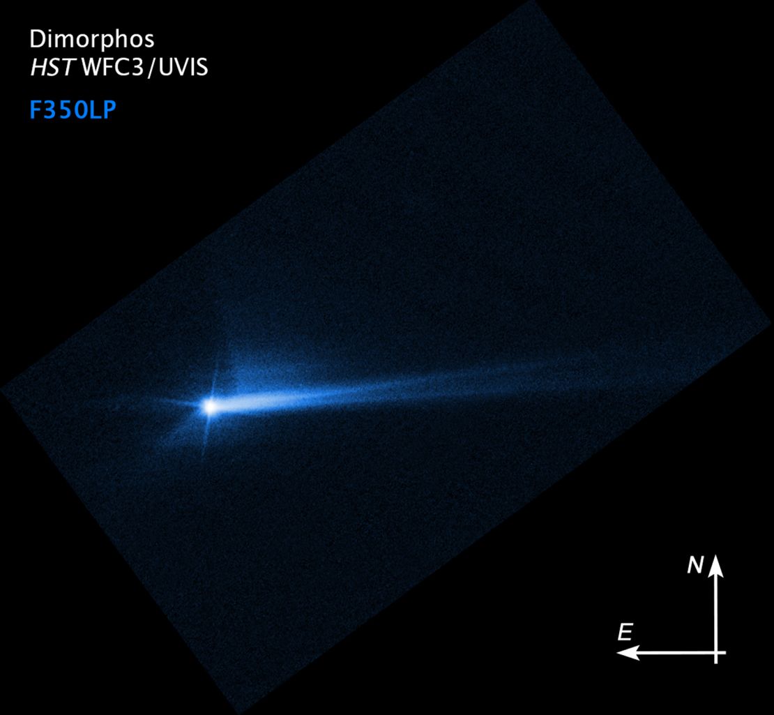 The Hubble Space Telescope captured an image of debris blasted away from the surface of Dimorphos 285 hours after impact on October 8.