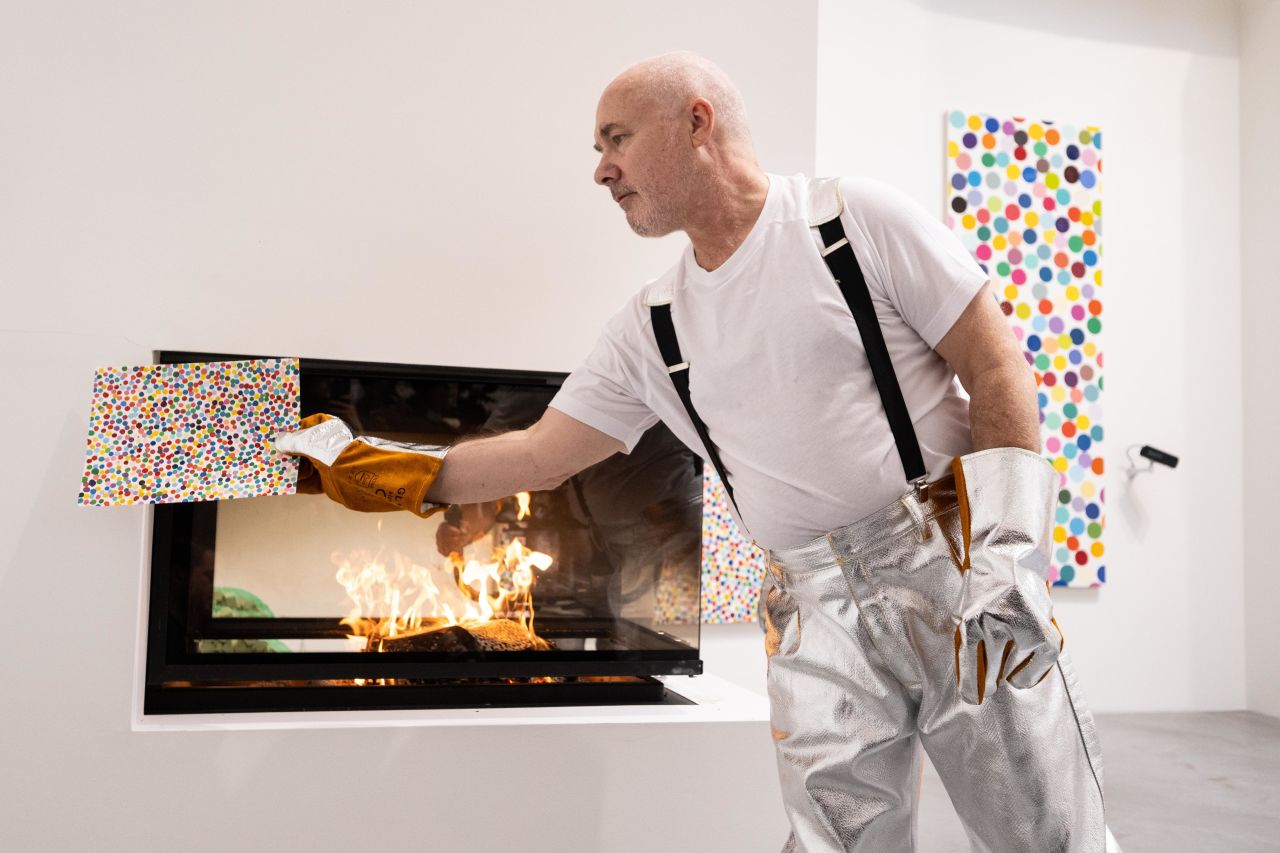 Damien Hirst began burning thousands of his own artworks at London's Newport Street Gallery on Tuesday October 11.