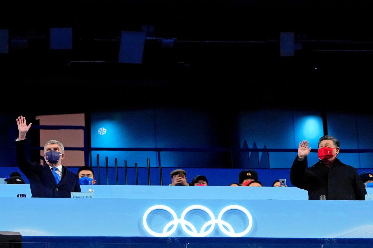 Xi and Thomas Bach, president of the International Olympic Committee, watch the closing ceremony of the <a href="http://www.cnn.com/2022/02/04/sport/gallery/beijing-winter-olympics-best-photos/index.html" target="_blank">Beijing Winter Olympics</a> in February 2022.