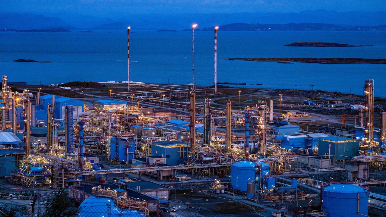 Night view taken on September 28, 2022 shows the Karsto gas processing plant in the municipality of Tysvær in the North Rogaland county, Norway. The country, now the biggest supplier of gas to Europe, will beef up security around its oil installations, it said following allegations of sabotage on Nord Stream's Baltic Sea pipelines.