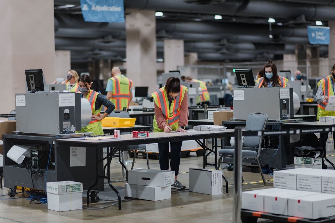 Workers count ballots for the 2020 presidential election at the Philadelphia Convention Center  on Tuesday, Nov. 3, 2020. 