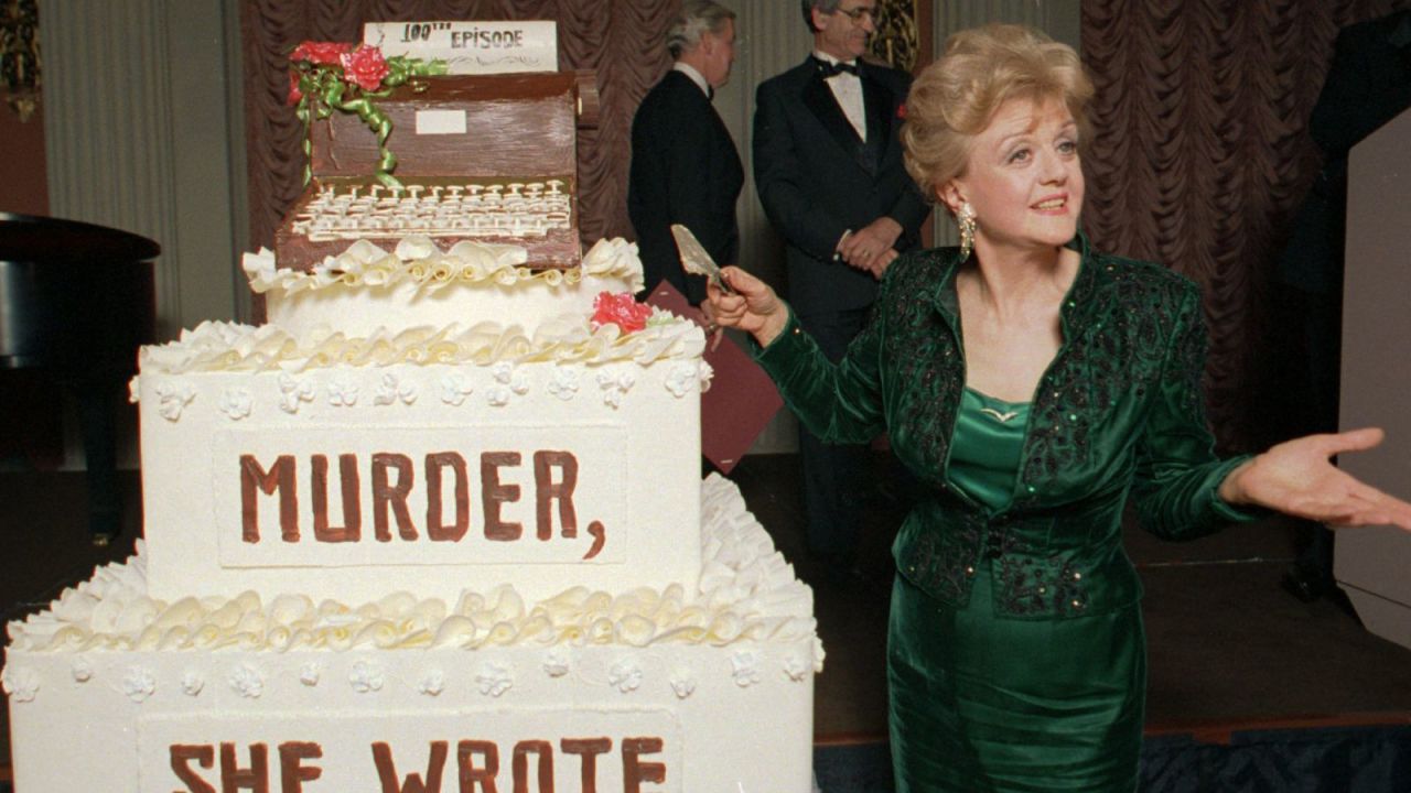 Lansbury celebrates the 100th episode of the TV series "Murder, She Wrote" in 1989. From 1984 to 1996, Lansbury starred on the show as mystery-solving author Jessica Fletcher.