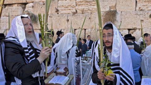Ultra-Orthodox Jewish men, wearing traditional Jewish prayer shawls known as Tallit and holding the four plant species of closed date palm tree fronds, citrus, myrtle and willow-branches as they perform the annual Cohanim prayer (priest's blessing) during the holiday of Sukkot, or the Feast of the Tabernacles, at the Western Wall in the old city of Jerusalem on Wednesday.