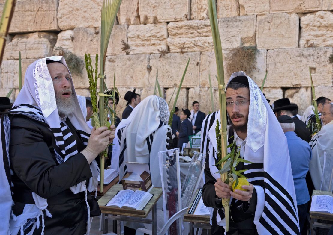 Ultra-Orthodox Jewish men, wearing traditional Jewish prayer shawls known as Tallit and holding the four plant species of closed date palm tree fronds, citrus, myrtle and willow-branches as they perform the annual Cohanim prayer (priest's blessing) during the holiday of Sukkot, or the Feast of the Tabernacles, at the Western Wall in the old city of Jerusalem on Wednesday.  