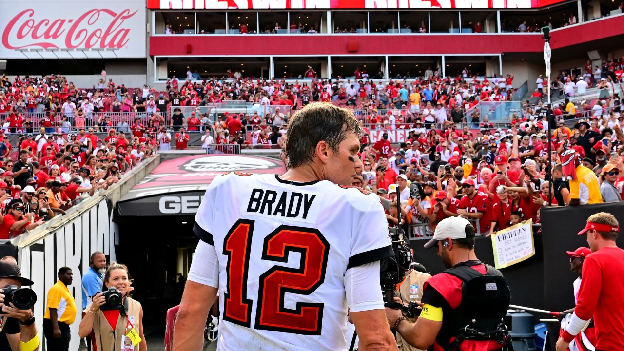 Tom Brady walks off the field after the Tampa Bay Buccaneers' win over the Atlanta Falcons at Raymond James Stadium on October 9, 2022.