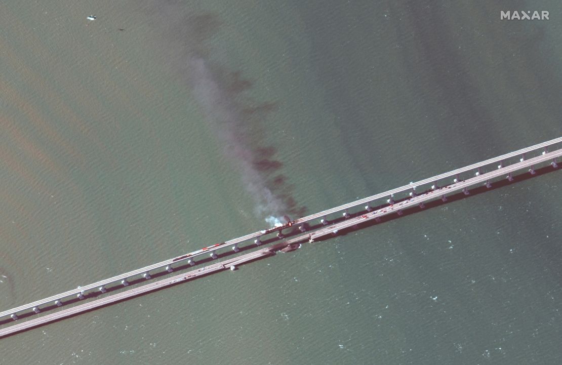 A satellite image shows smoke rising from a blast on the Kerch bridge over the weekend. 