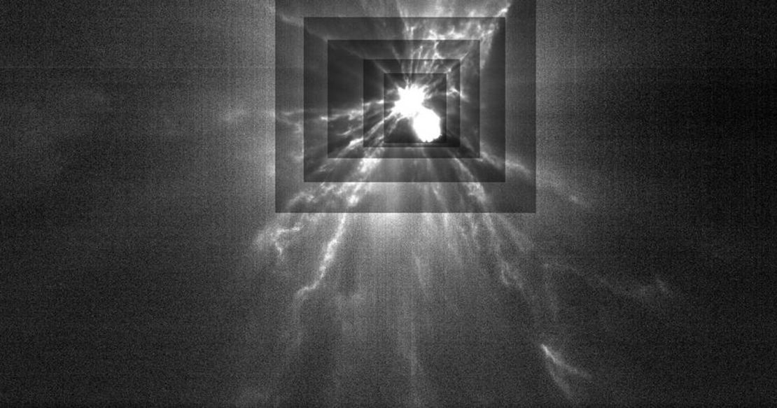 The LICIACube captured an image showing plumes of material streaming from Dimorphos asteroid after impact. The rectangles were added to enhance contrast and showcase the plumes. 