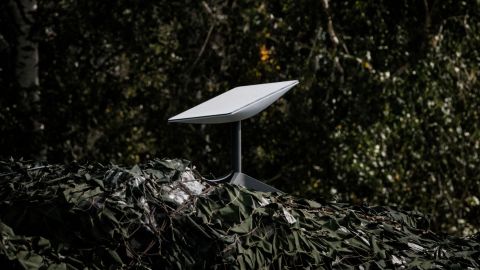 This photo taken on September 25 shows the antenna of a Starlink satellite-based broadband system donated by US tech billionaire Elon Musk at Izyum in the Kharkiv region amid the Russian invasion of Ukraine. 
