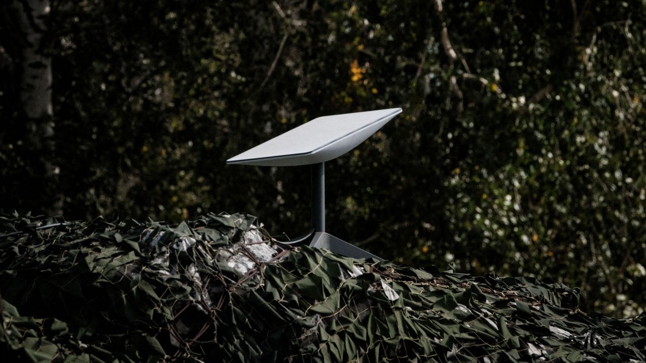 This photograph taken on September 25 shows an antenna of the Starlink satellite-based broadband system donated by US tech billionaire Elon Musk in Izyum, Kharkiv region, amid the Russian invasion of Ukraine. 