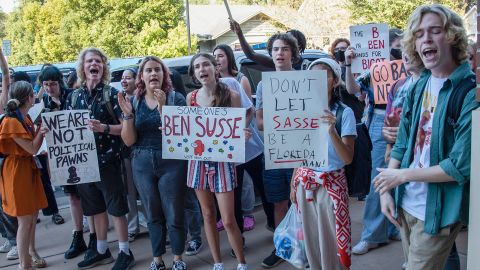 Students at the University of Florida protest a visit by Republican Sen. Ben Sasse of Nebraska, who's poised to become the next university president. 