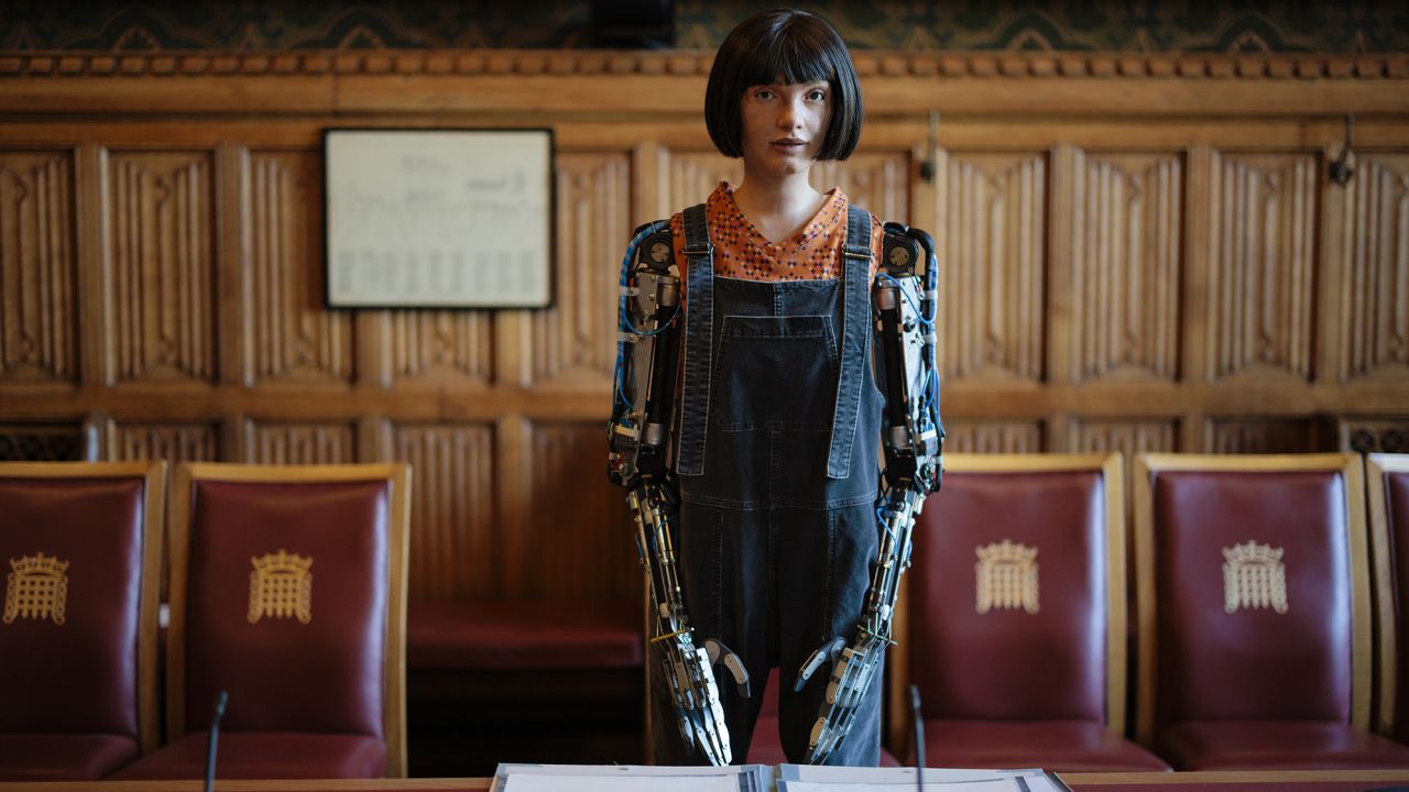 Ai-Da answers questions from a parliamentary inquiry into how new technologies will affect the creative industries.