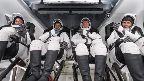 The NASA SpaceX Crew-4 astronauts (from left) Jessica Watkins, Bob Hines, Kjell Lindgren and Samantha Cristoforetti are seated inside the Crew Dragon spacecraft. 