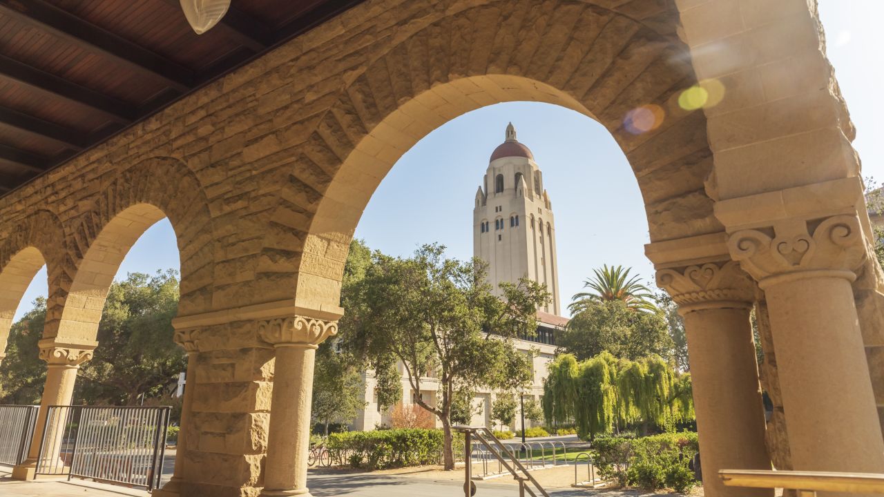 A general view of Hoover Tower through the arches of the Main Quadrangle on the campus of Stanford University on October 2, 2021.